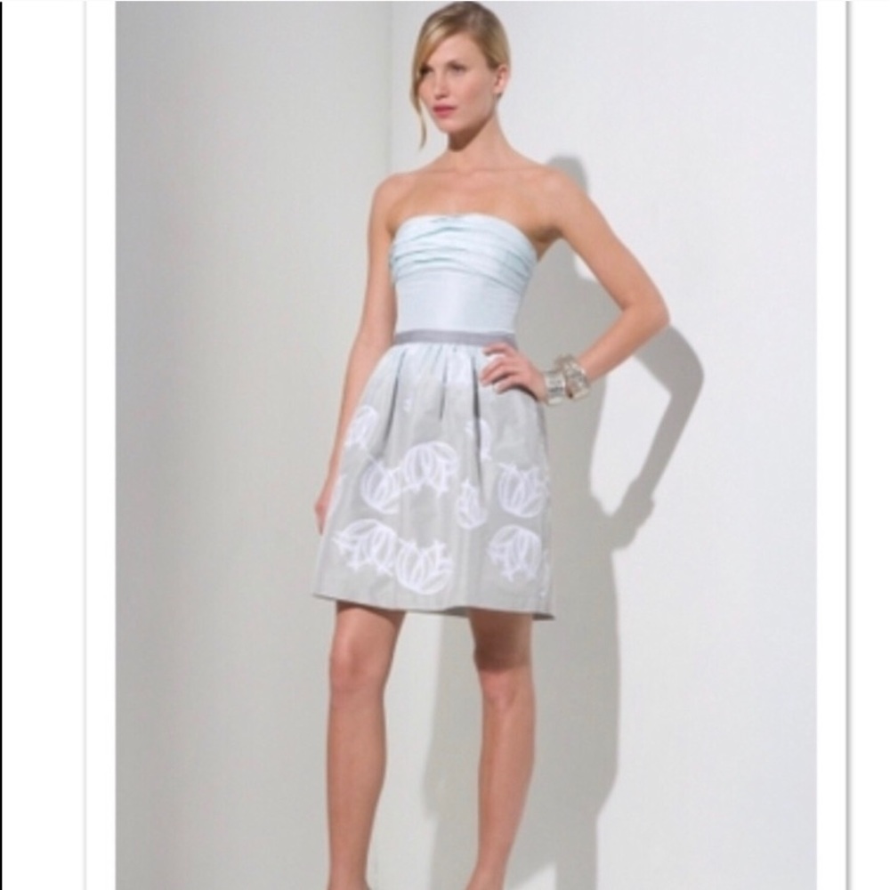 BCBGMaxAzria Strapless Jacquard Pleated Blue Dress